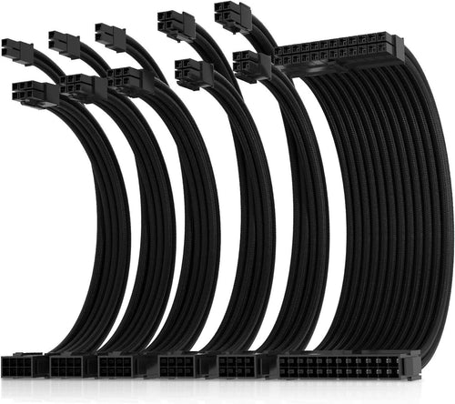 AsiaHorse 16AWG Pro Power Supply Sleeved Cable Extension 6 Piece Kit, Pure Black