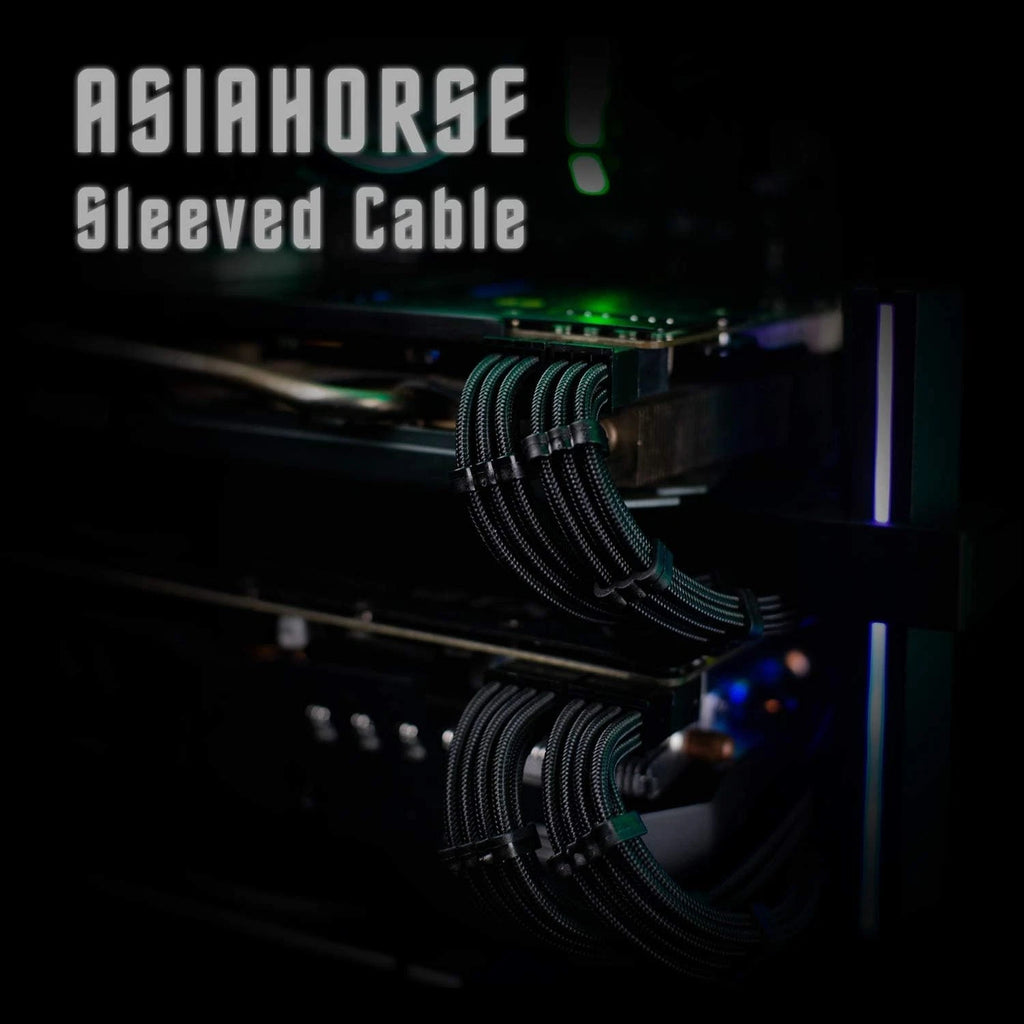 AsiaHorse 16AWG Pro Power Supply Sleeved Cable Extension 6 Piece Kit, Pure Black