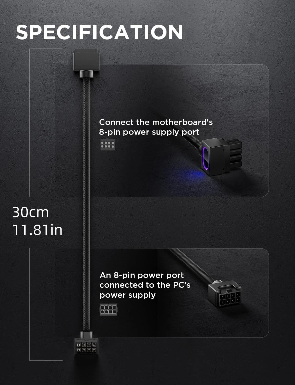 Asiahorse HYDRUS CPU Power Cable (8-Pin EPS) ARGB - Black - 30cm