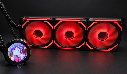 Black AsiaHorse 360mm LCD AIO with three illuminated infinity fans