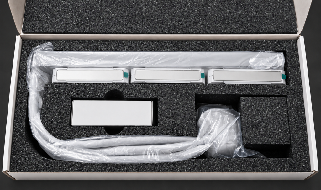 White M-Tech AIO in protective packaging — digital color mockup