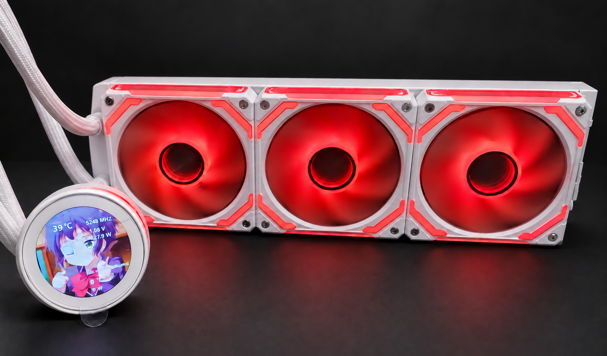 White M-Tech 360mm LCD AIO with white display bezel and red infinity fans — color mockup