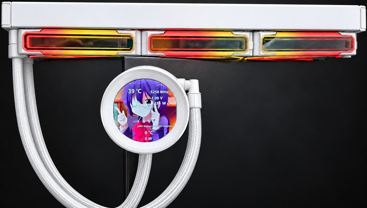 White M-Tech LCD AIO display and infinity fan side lighting — digital color mockup